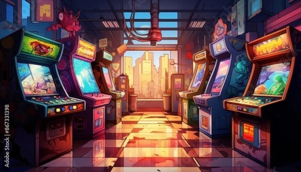 Fototapeta Arcade background with retro video games, flat design, top view, nostalgic theme, cartoon drawing, colored pastel