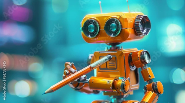 Fototapeta 3D illustration of a friendly robot with a pencil, representing modern technology.