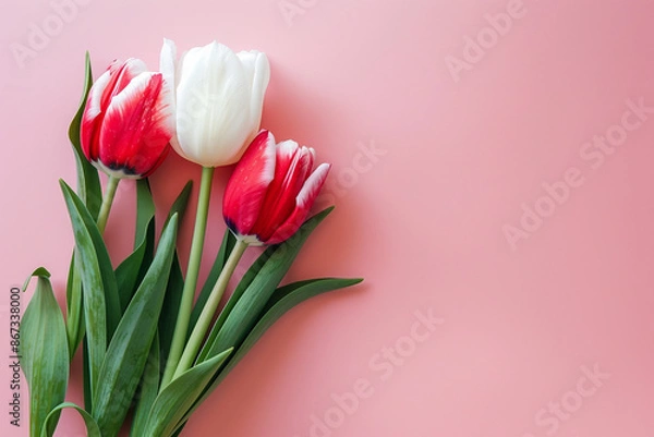 Fototapeta Beautiful Floral Background with copy space in pastel colors for spring projects, card making. Delicate flowers on top of flat solid backdrop