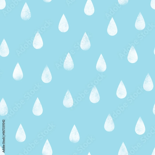 Obraz Rain drop watercolor seamless pattern vector. Rainy season, raining sky, liquid. White droplet on light blue sky. Simply design for fabric, cloth, dress, card, print, wrapping, paper, cover, decor.
