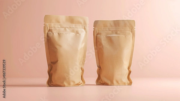 Fototapeta Mockup of two pale brown product paper bags with ziplock on isolated pink background. Packages are located next to each other. Clean and minimalistic design without any labels or images. Copy space.