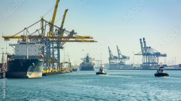 Fototapeta Cranes unloading cargo ships at a busy port, focusing on international trade, shipping, and maritime logistics