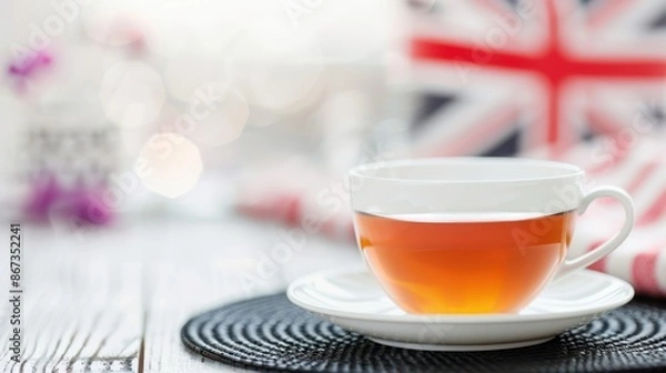 Fototapeta A cup of tea on a white saucer, with a blurred British flag in the background, creating a cozy and patriotic atmosphere.