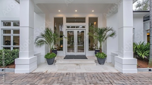 Fototapeta A close-up view of a white front door with decorative molding, a silver door handle, and potted plants on either side