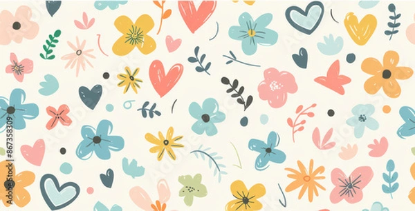 Fototapeta Children's pattern in subtle colors. Delicate background with leaves and flowers