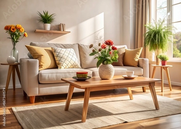 Fototapeta Cozy living room interior with plush beige sofa, wooden coffee table, and vibrant flower pot on side table, surrounded by warm natural light.