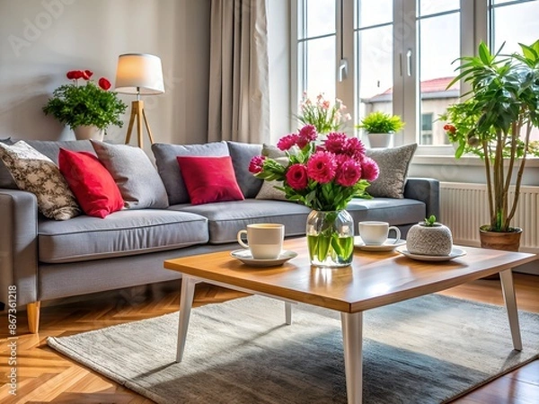 Fototapeta Cozy living room interior with a plush gray sofa, vibrant flower pot on the coffee table, and modern decor, evoking a sense of warmth and serenity.