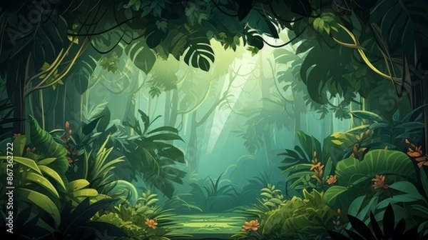 Fototapeta Jungle background with hanging vines, flat design, top view, tropical theme, cartoon drawing, colored pastel