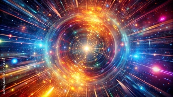 Fototapeta Vibrant cosmic tunnel with swirling lights, glowing particles, and warp speed trails, evoking a mesmerizing gateway to distant galaxies and alternate dimensions.