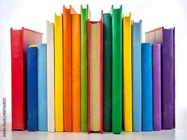 Fototapeta Vibrant books of diverse colors and titles stand together, symbolizing unity, love, and freedom, against a white background, celebrating individuality and pride in the LGBT community.