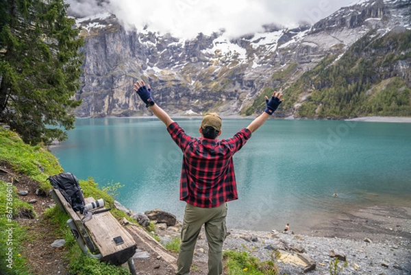 Fototapeta oeschinensee is the place where the tourist came to walk trek hike camp and picnic .there is many beautiful and amazing view point to take photo , kandersteg Switzerland  