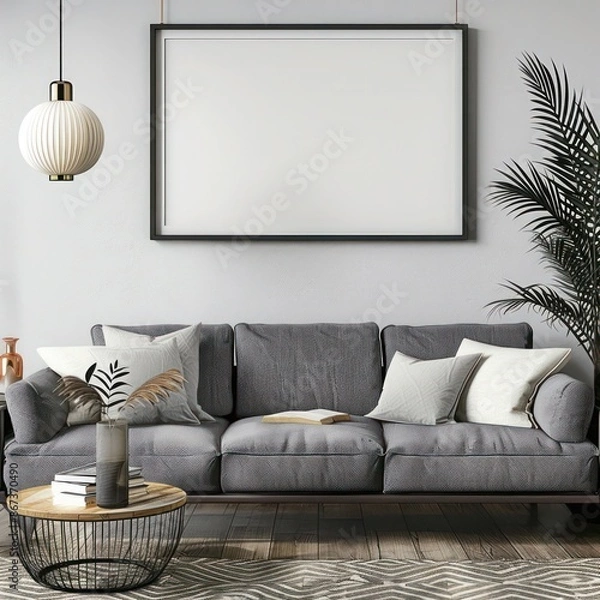 Fototapeta Contemporary Interior Design with Empty Black Frame Mockup Over Modern Couch, Ideal for Interior Decor and Presentation Purposes