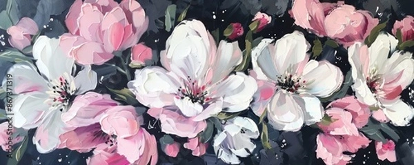 Fototapeta Abstract floral painting with white and pink flowers blooming on a black background. Perfect for a feminine and elegant touch to your designs