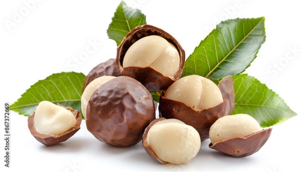 Obraz Shelled macadamia nuts with leaves isolated on white background