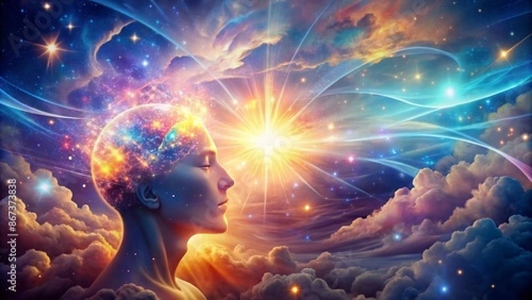 Fototapeta Vibrant, swirling clouds of thought and emotion erupt from a glowing, ethereal mind, surrounded by stars, rays, and radiant, shimmering lights.