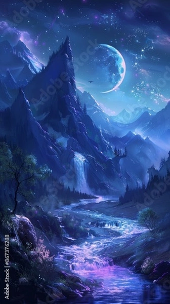 Fototapeta Magical river flows through mountains under a crescent moon in a starry night sky, blending nature and fantasy