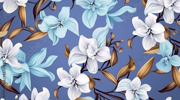 Fototapeta Seamless pattern with flowers and vanilla sticks. Orchid. Vintage botanical 3d illustration for printing fabric, wrapping paper, packaging., generative ai