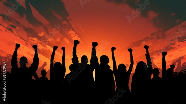Fototapeta Arms raised in protest. Group of protestors fists raised up in the air., generative ai