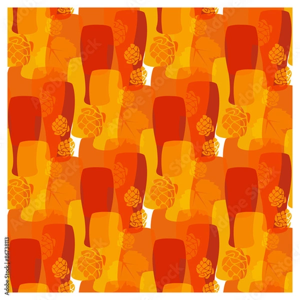 Obraz Vector pattern with beer glasses, hops different warm colors of