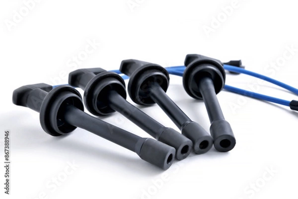 Fototapeta high voltage wires for car spark plugs on a white background, a set of high voltage wires for the car electrical system, selective focus