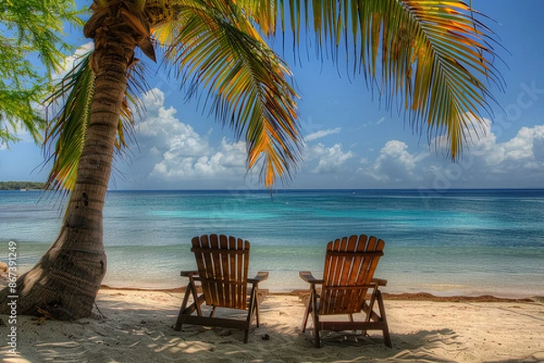 Fototapeta Two wooden chairs under a palm tree on a sandy beach facing a calm turquoise sea, offering a perfect tropical getaway with ample copy space.