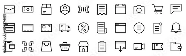 Fototapeta Collection of Basic Ecommerce Essential Related Vector Line Icons. Contains Icons like Store, Email, Discount, Shopping Cart and more. Editable stroke. 48x48 pixels