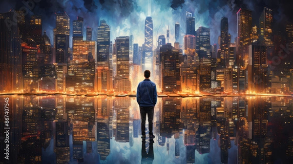 Fototapeta City Lights: A Young Man's Reflection on the Edge of a Skyscraper. Balancing on the Brink, An Ode to the Nightscape of the City's Skyline., generative ai