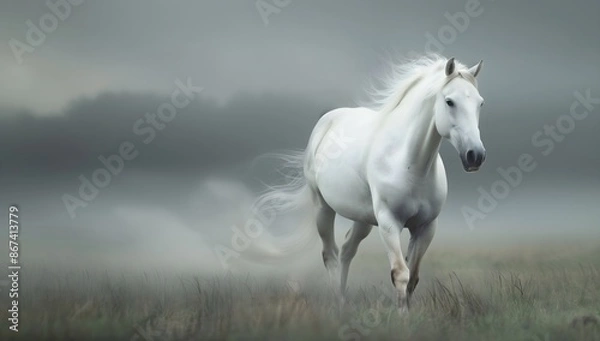 Obraz A white horse with a flowing mane galloping across the vast grassland in the mist. Moody landscape.