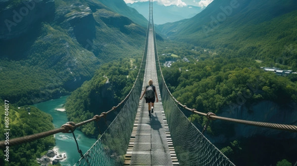 Fototapeta one person walking on Charles Kuonen Suspension Bridge longest pedestrian bridge in the world, generative ai
