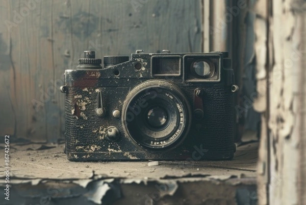Fototapeta An old camera sits on the edge of a window sill, possibly abandoned or forgotten