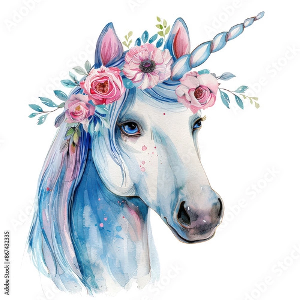 Fototapeta A whimsical watercolor illustration of a unicorn adorned with flowers. Perfect for children's books, fantasy art, and magical themes.