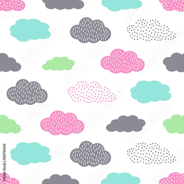 Fototapeta Colorful seamless pattern with clouds for kids holidays. Cute baby shower vector background. Child drawing style illustration.