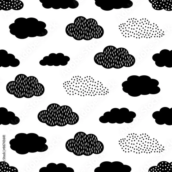 Fototapeta Black and white seamless pattern with clouds. Cute baby shower vector background. Child drawing style illustration.