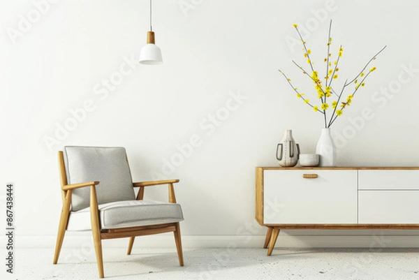 Fototapeta Minimalist property interiors composition with minimal furniture, ample copy space and neutral tones. Residential interiors design for Real Estate luxury apartment.