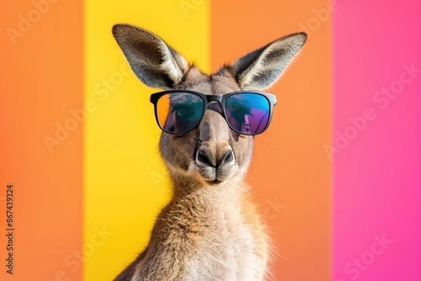 Fototapeta Kangaroo wearing sunglasses on colorful studio background. Fashionable marsupial with purple shirt, black shades posing directly at camera. Vibrant gradient colors transitioning from yellow to pink.
