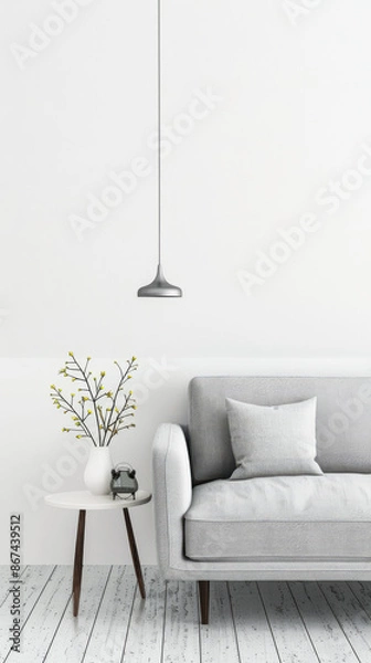 Fototapeta Minimalist property interiors composition with minimal furniture, ample copy space and neutral tones. Residential interiors design for Real Estate luxury apartment.