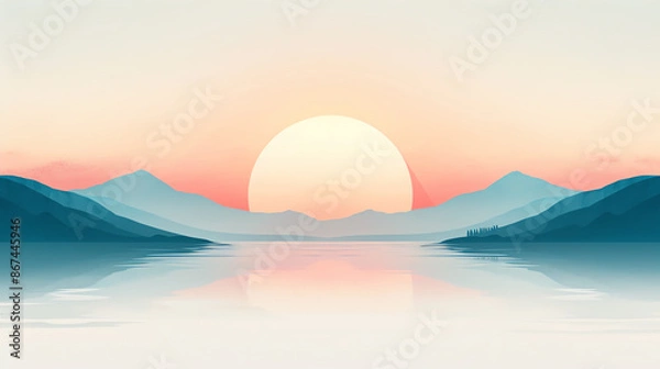 Fototapeta minimalist landscape flat design, front view, serene theme, watercolor, Complementary Color Scheme