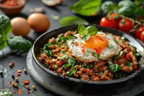 Fototapeta Mouthwatering spicy basil stir-fry with minced pork served on a plate, crowned with a golden crispy fried egg, fresh herbs and spices adding a burst of flavor