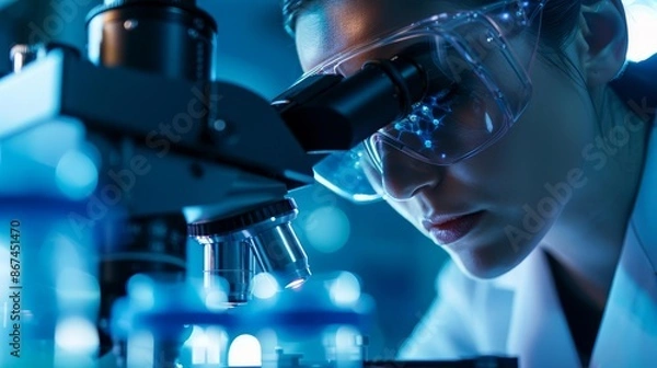 Fototapeta Scientist in protective goggles using a microscope in a modern laboratory for research and analysis, showcasing advanced scientific equipment.