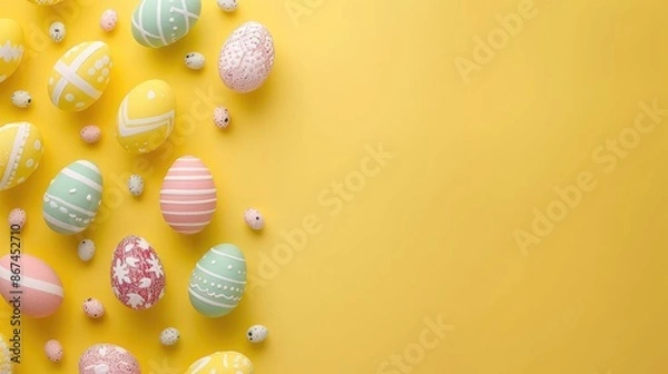 Fototapeta Easter card banner with eggs on yellow background Top view