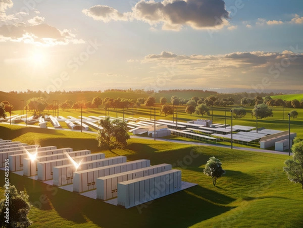 Fototapeta Sustainable energy solutions with solar panels and wind turbines