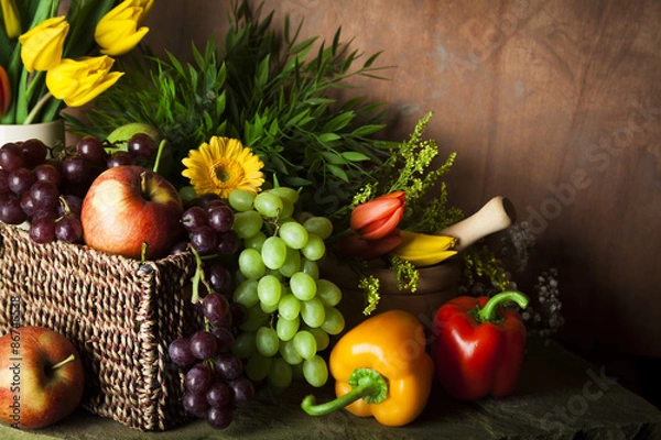 Fototapeta Traditional basket of harvested fruit and vegetables