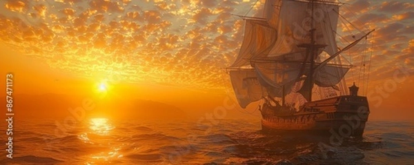 Fototapeta An ancient ship against the backdrop of the setting sun.