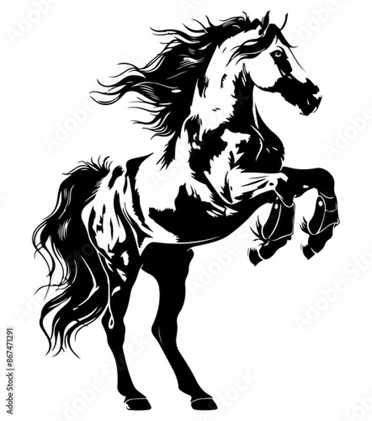 Fototapeta Detailed black and white illustration of a rearing horse with flowing mane and tail, showcasing strength and movement in a dynamic and artistic portrayal.