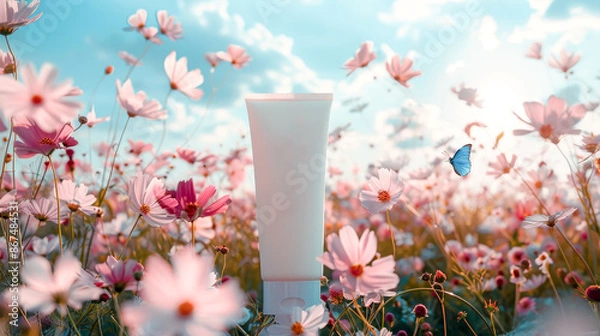 Fototapeta Mockup white cream tube in a field of pink cosmos flowers, with a blue butterfly fluttering above. The sun shines brightly in the sky, creating a dreamy and beautiful scene. Copy space