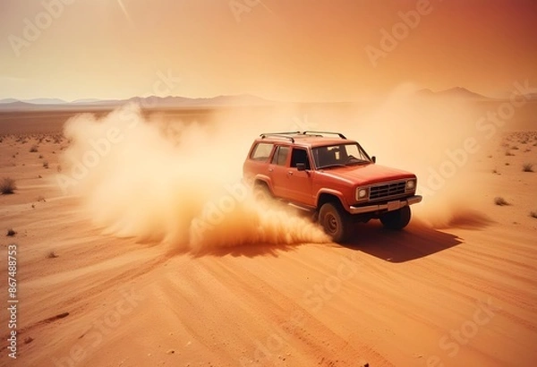Fototapeta Orange offroad 4x4 vehicle running in a sand desert with dust, drifting, orange sky
