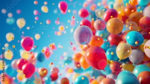 Fototapeta An Array of Colorful Balloons Floating in a Clear Blue Sky