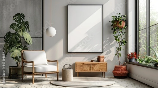 Fototapeta Poster frame mock-up in home interior background with commode, chair and decor in living room