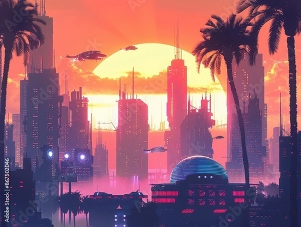 Fototapeta retrofuturistic cityscape at sunrise featuring neonlit art deco skyscrapers and hovering vehicles against a gradient sky with silhouetted palm trees in the foreground