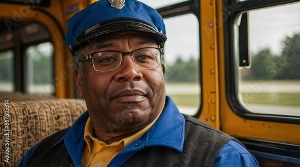 Fototapeta Portrait of an African American bus driver in school